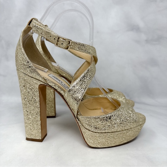 Jimmy Choo Shoes - Jimmy Choo April 120 Metallic Foil Leather Platform Sandal Block Heels Gold 39